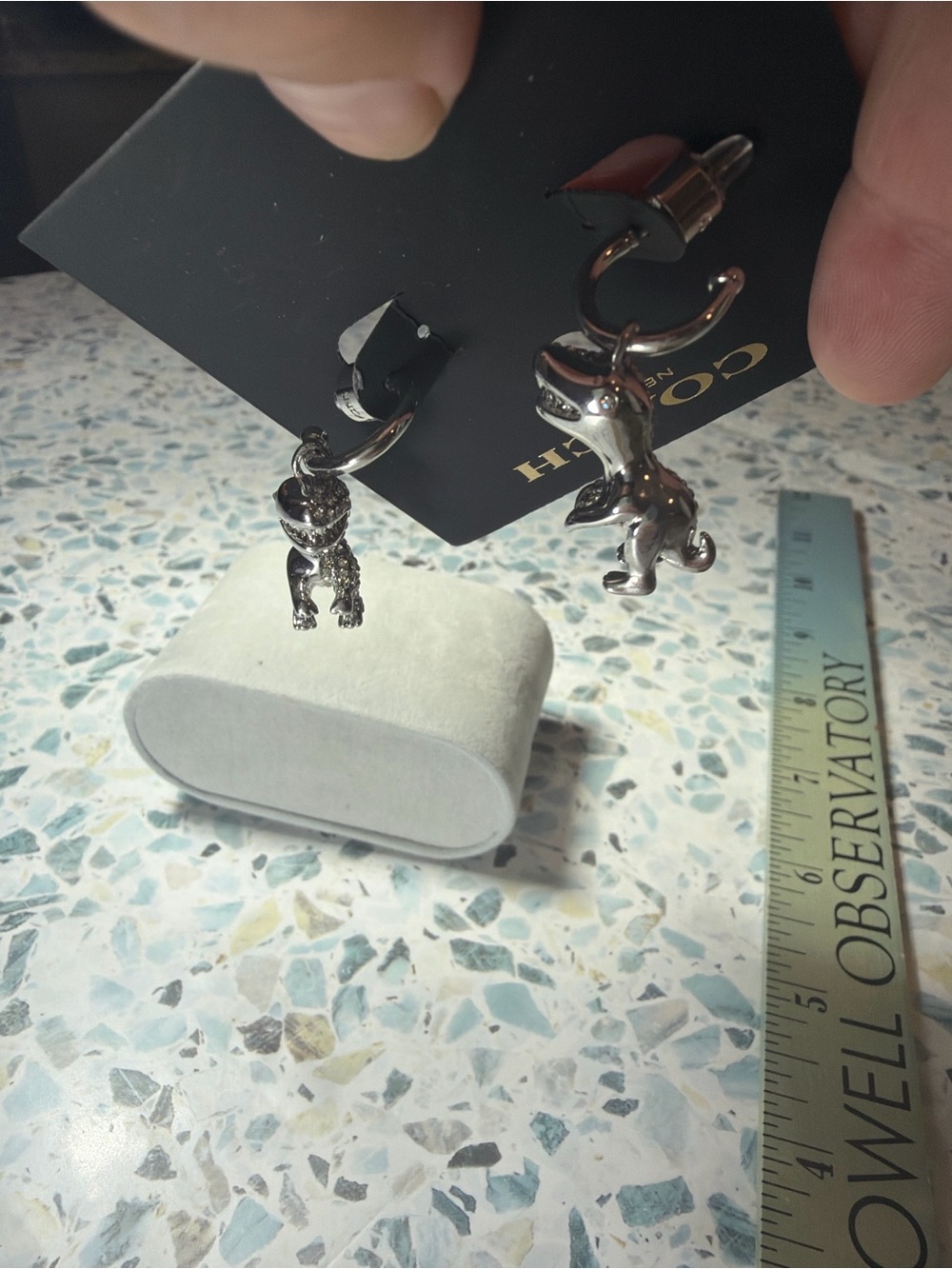 Coach Rexy Dinosaur Crystal Pave Dangle Hoop Earrings Silver Tone #45 - Picture 3 of 4